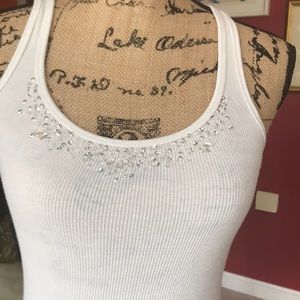 White tank top with crystal embellishments on neck